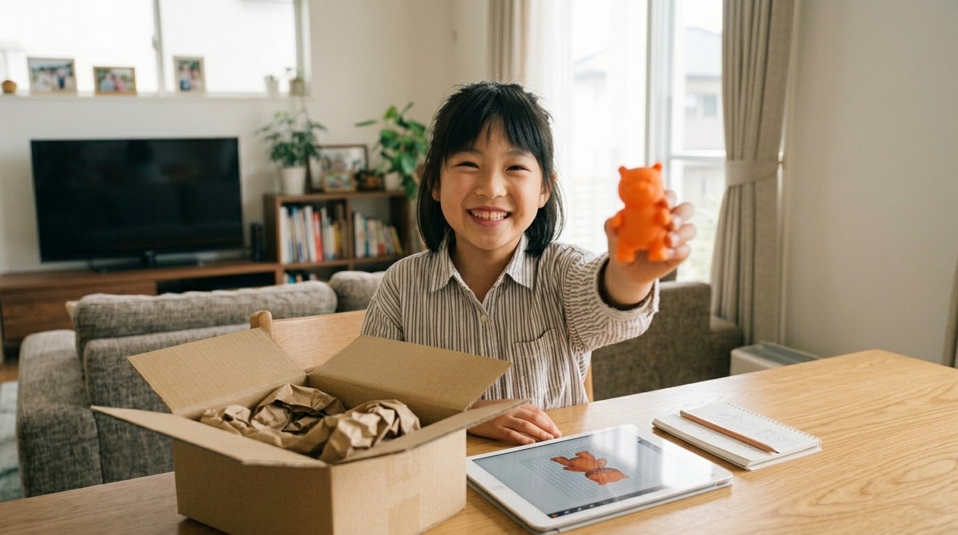 自分で作った3Dモデルが実物のフィギュアとして届き、笑顔で見せる女の子